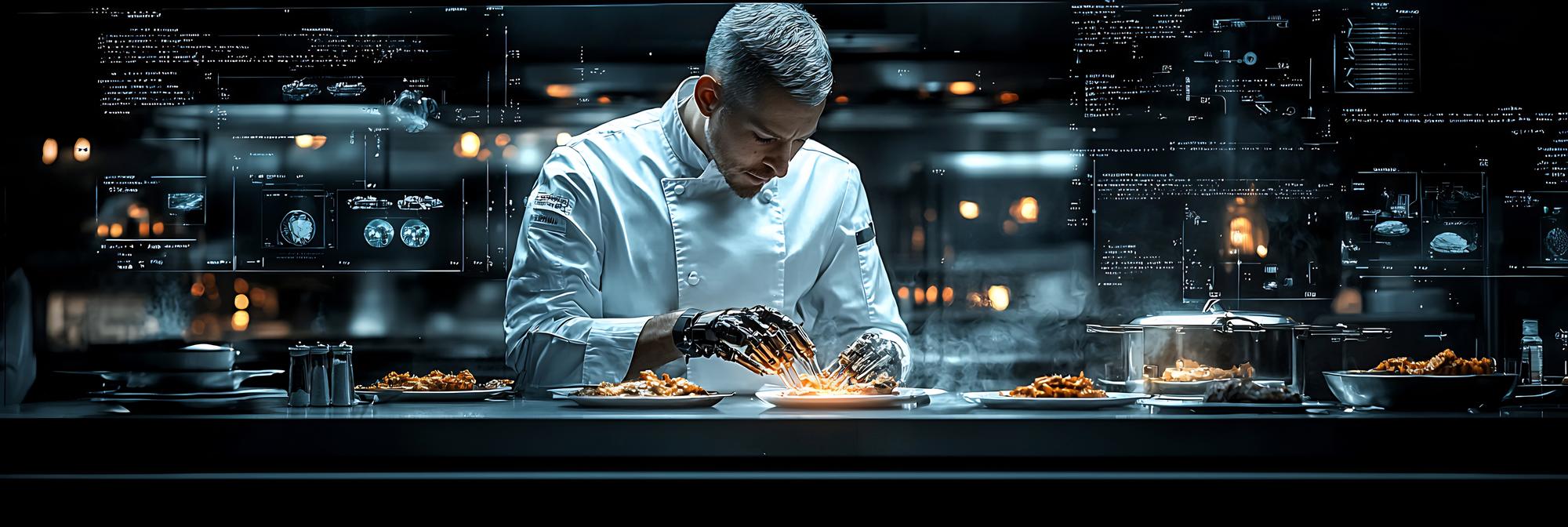 szef kuchni testujący recepturę w studiu z technologicznym wyposażeniem